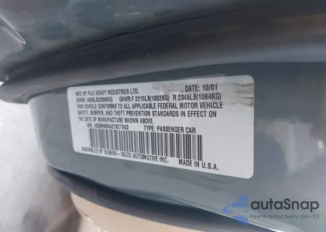 2000 Subaru Outback z USA, uszkodzony, nr VIN 4S3BH6653Y6638985